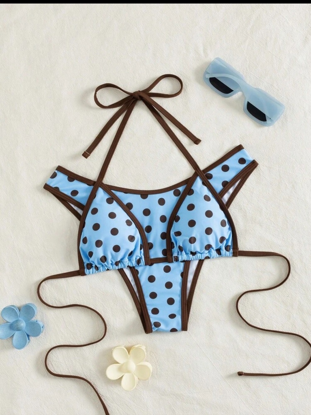 NEVER WORN Women’s Sky Blue Polka Dot Two-Piece Bikini with Brown Trim